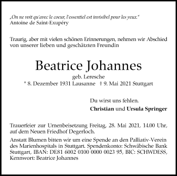 Traueranzeige von Beatrice Johannes von Stuttgarter Zeitung / Stuttgarter Nachrichten