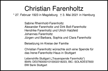 Traueranzeige von Christian Farenholtz von Stuttgarter Zeitung / Stuttgarter Nachrichten