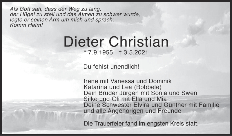  Traueranzeige für Dieter Christian  vom 29.05.2021 aus Stuttgarter Zeitung / Stuttgarter Nachrichten