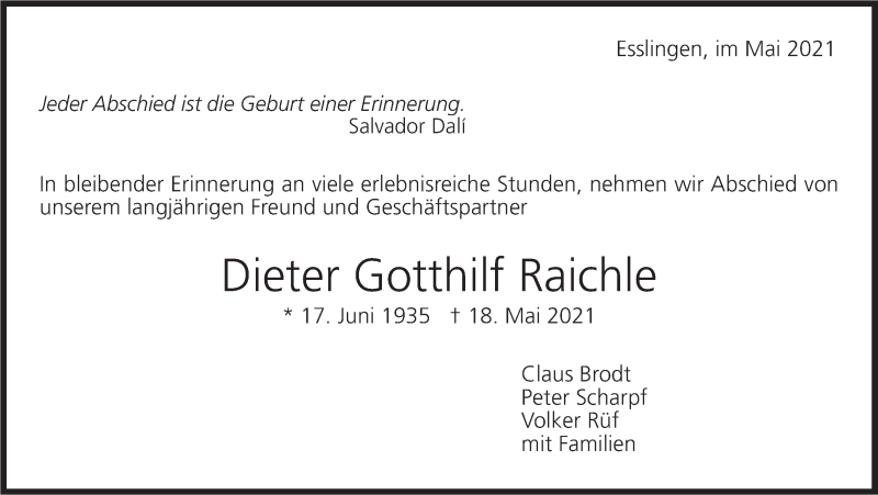 Traueranzeige für Dieter Gotthilf Raichle vom 29.05.2021 aus Stuttgarter Zeitung / Stuttgarter Nachrichten