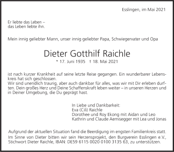 Traueranzeige von Dieter Gotthilf Raichle von Stuttgarter Zeitung / Stuttgarter Nachrichten