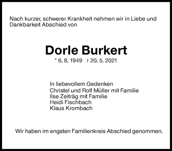 Traueranzeige von Dorle Burkert von Stuttgarter Zeitung / Stuttgarter Nachrichten