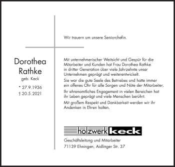 Traueranzeige von Dorothea Rathke von Stuttgarter Zeitung / Stuttgarter Nachrichten