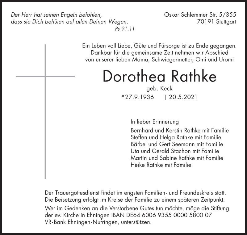  Traueranzeige für Dorothea Rathke vom 26.05.2021 aus Stuttgarter Zeitung / Stuttgarter Nachrichten