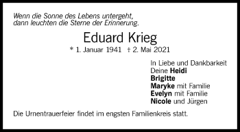Traueranzeige von Eduard Krieg von Stuttgarter Zeitung / Stuttgarter Nachrichten