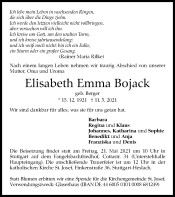 Traueranzeige von Elisabeth Emma Bojack von Stuttgarter Zeitung / Stuttgarter Nachrichten