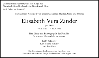 Traueranzeige von Elisabeth Vera Zinder von Stuttgarter Zeitung / Stuttgarter Nachrichten