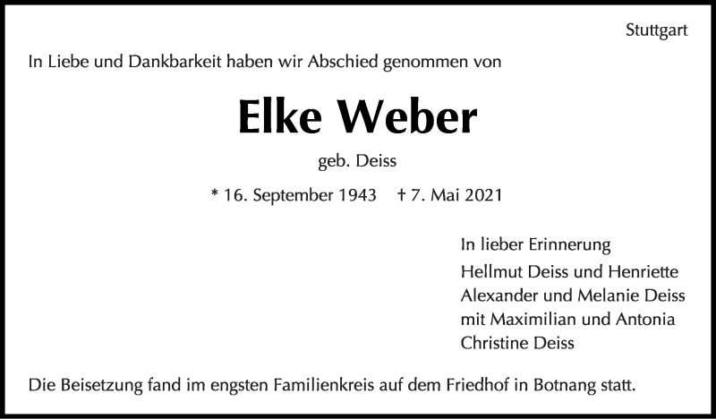 Traueranzeige für Elke Weber vom 15.05.2021 aus Stuttgarter Zeitung / Stuttgarter Nachrichten