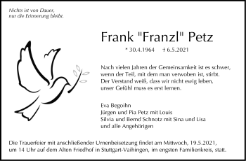 Traueranzeige von Frank Petz von Stuttgarter Zeitung / Stuttgarter Nachrichten