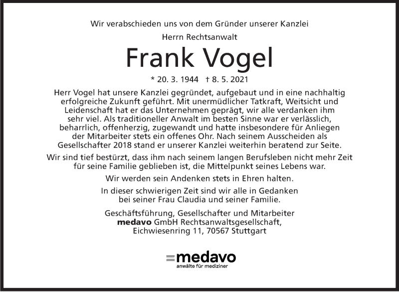  Traueranzeige für Frank Vogel vom 22.05.2021 aus Stuttgarter Zeitung / Stuttgarter Nachrichten