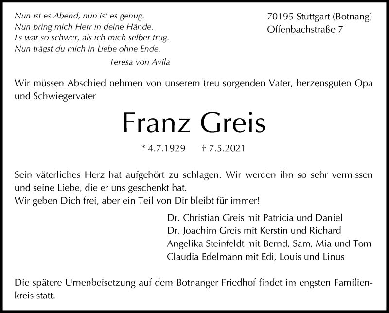  Traueranzeige für Franz Greis vom 14.05.2021 aus Stuttgarter Zeitung / Stuttgarter Nachrichten