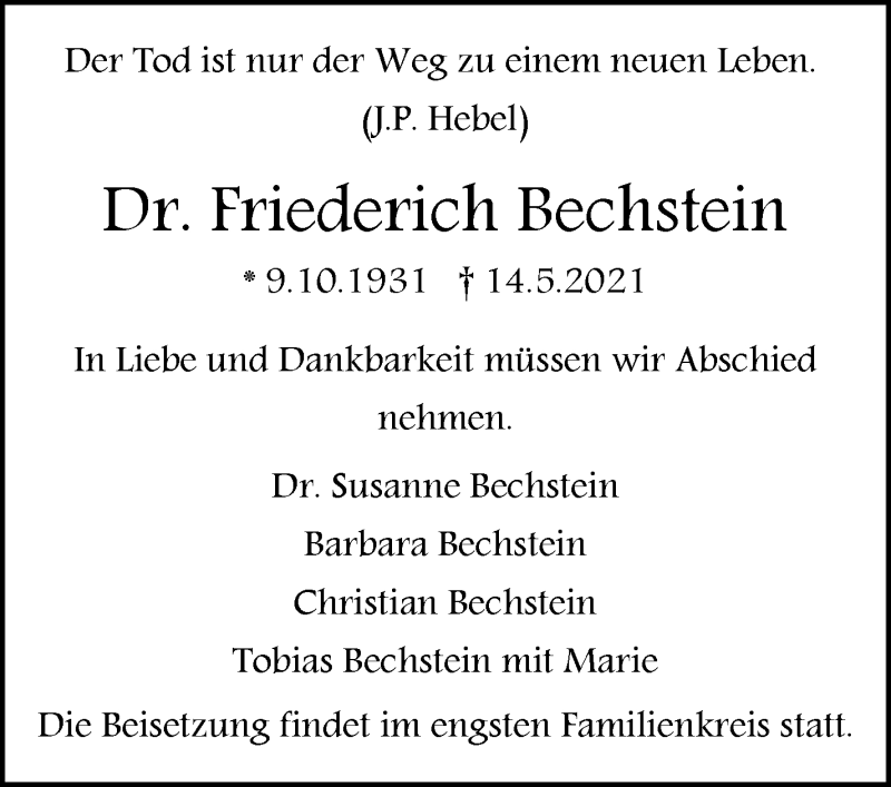  Traueranzeige für Friederich Bechstein vom 18.05.2021 aus Stuttgarter Zeitung / Stuttgarter Nachrichten