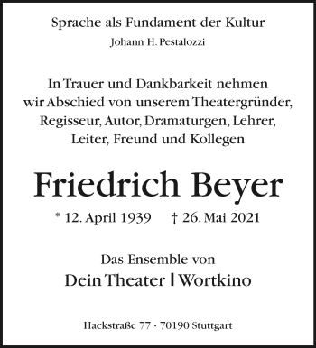 Traueranzeige von Friedrich Beyer von Stuttgarter Zeitung / Stuttgarter Nachrichten