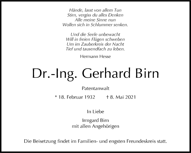  Traueranzeige für Gerhard Birn vom 14.05.2021 aus Stuttgarter Zeitung / Stuttgarter Nachrichten