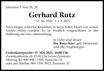 Traueranzeige von Gerhard Rutz von Stuttgarter Zeitung / Stuttgarter Nachrichten