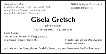 Traueranzeige von Gisela Gretsch von Stuttgarter Zeitung / Stuttgarter Nachrichten