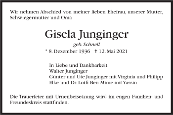 Traueranzeige von Gisela Junginger von Stuttgarter Zeitung / Stuttgarter Nachrichten