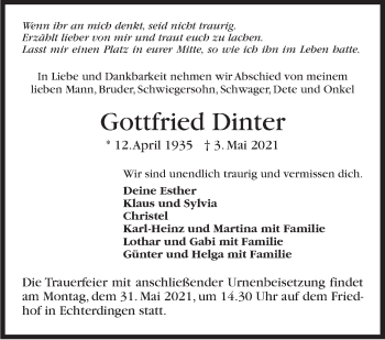 Traueranzeige von Gottfried Dinter von Stuttgarter Zeitung / Stuttgarter Nachrichten