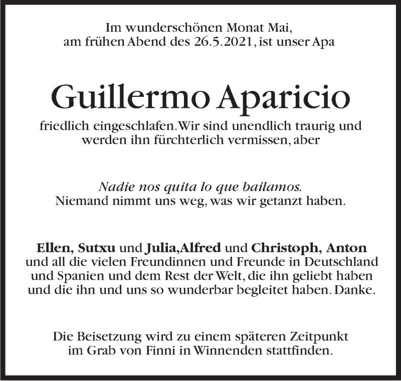  Traueranzeige für Guillermo Aparicio vom 31.05.2021 aus Stuttgarter Zeitung / Stuttgarter Nachrichten
