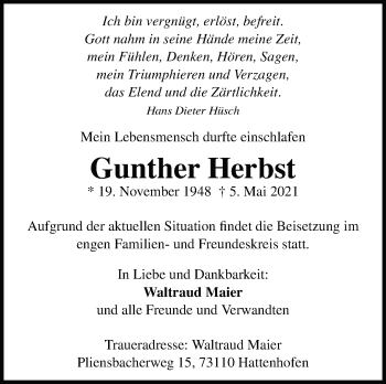 Traueranzeige von Gunther Herbst von Stuttgarter Zeitung / Stuttgarter Nachrichten