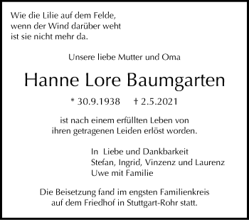 Traueranzeige von Hanne Lore Baumgarten von Stuttgarter Zeitung / Stuttgarter Nachrichten