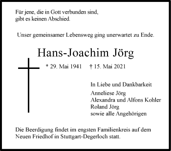 Traueranzeige von Hans-Joachim Jörg von Stuttgarter Zeitung / Stuttgarter Nachrichten