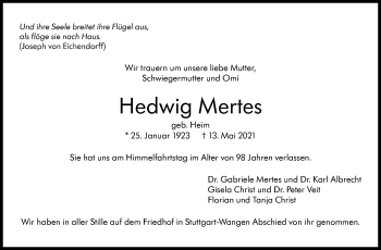Traueranzeige von Hedwig Mertes von Stuttgarter Zeitung / Stuttgarter Nachrichten