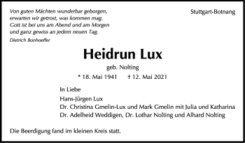 Traueranzeige von Heidrun Lux von Stuttgarter Zeitung / Stuttgarter Nachrichten