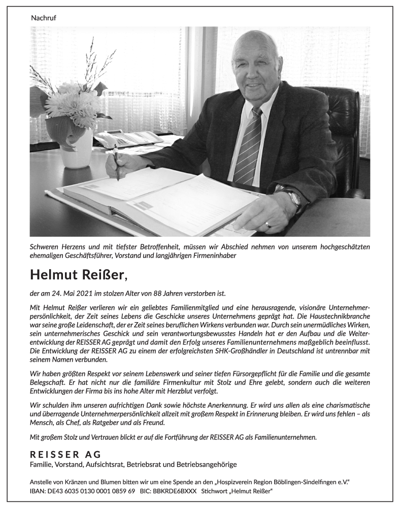  Traueranzeige für Helmut Reisser vom 29.05.2021 aus Stuttgarter Zeitung / Stuttgarter Nachrichten