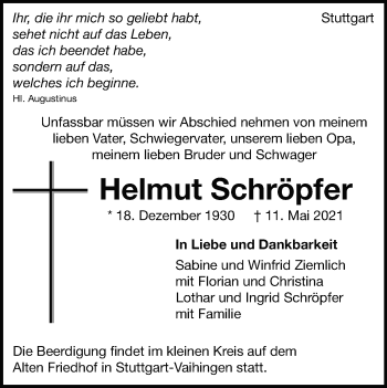 Traueranzeige von Helmut Schröpfer von Stuttgarter Zeitung / Stuttgarter Nachrichten