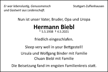 Traueranzeige von Hermann Biebl von Stuttgarter Zeitung / Stuttgarter Nachrichten