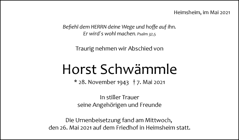  Traueranzeige für Horst Schwämmle vom 28.05.2021 aus Stuttgarter Zeitung / Stuttgarter Nachrichten