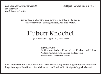 Traueranzeige von Hubert Knochel von Stuttgarter Zeitung / Stuttgarter Nachrichten