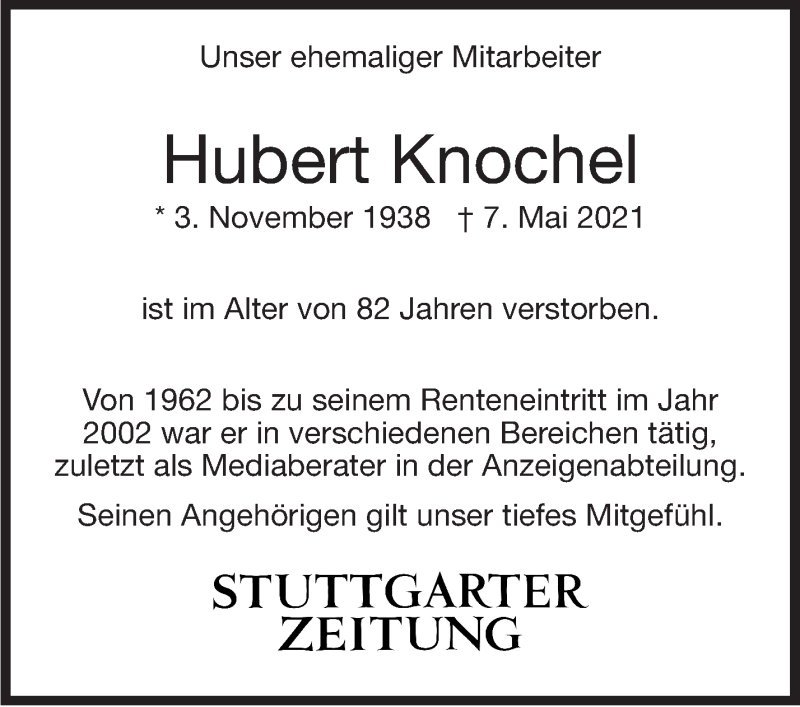  Traueranzeige für Hubert Knochel vom 15.05.2021 aus Stuttgarter Zeitung / Stuttgarter Nachrichten