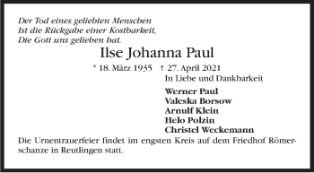 Traueranzeige von Ilse Paul von Stuttgarter Zeitung / Stuttgarter Nachrichten