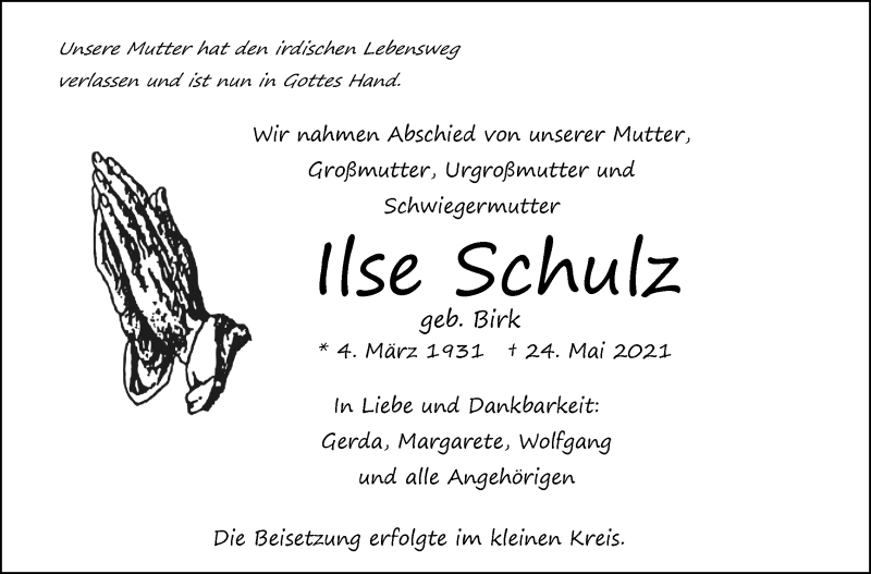  Traueranzeige für Ilse Schulz vom 29.05.2021 aus Stuttgarter Zeitung / Stuttgarter Nachrichten