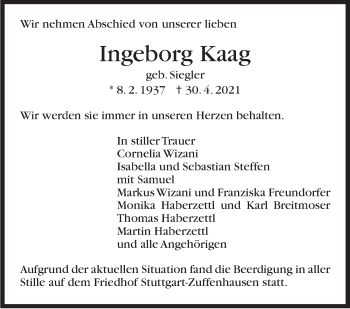 Traueranzeige von Ingeborg Kaag von Stuttgarter Zeitung / Stuttgarter Nachrichten