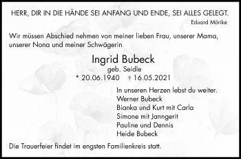 Traueranzeige von Ingrid Bubeck von Stuttgarter Zeitung / Stuttgarter Nachrichten