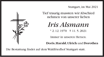 Traueranzeige von Iris Alsmann von Stuttgarter Zeitung / Stuttgarter Nachrichten