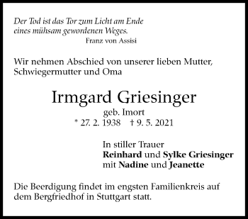 Traueranzeige von Irmgard Griesinger von Stuttgarter Zeitung / Stuttgarter Nachrichten