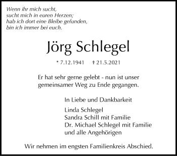 Traueranzeige von Jörg Schlegel von Stuttgarter Zeitung / Stuttgarter Nachrichten