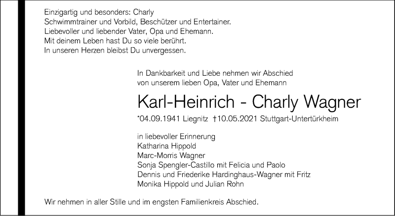  Traueranzeige für Karl-Heinrich-Charly Wagner vom 19.05.2021 aus Stuttgarter Zeitung / Stuttgarter Nachrichten