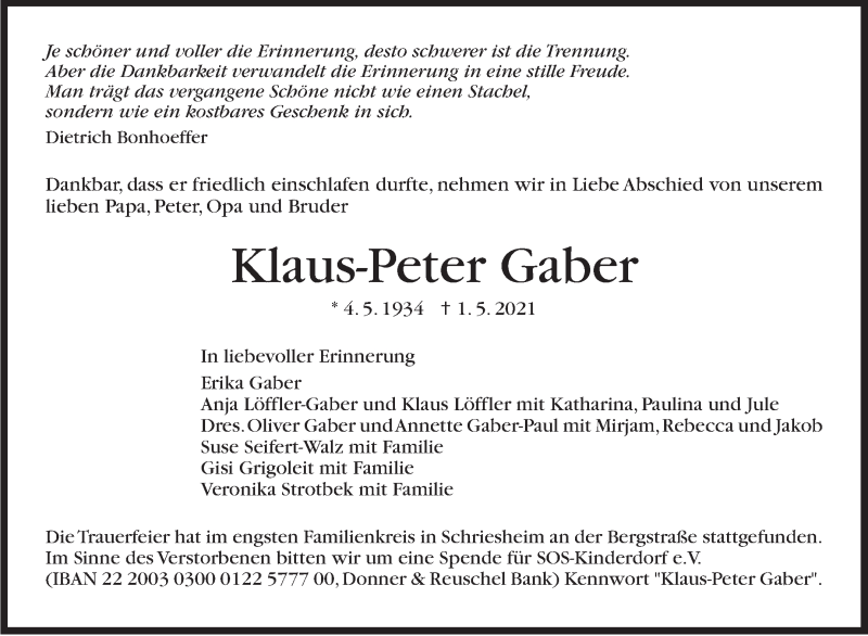  Traueranzeige für Klaus-Peter Gaber vom 15.05.2021 aus Stuttgarter Zeitung / Stuttgarter Nachrichten