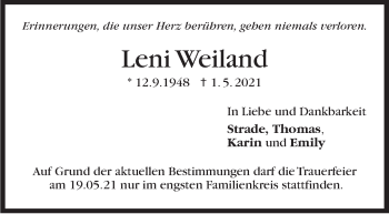 Traueranzeige von Leni Weiland von Stuttgarter Zeitung / Stuttgarter Nachrichten