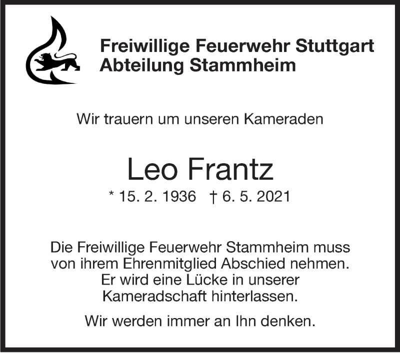  Traueranzeige für Leo Frantz vom 14.05.2021 aus Stuttgarter Zeitung / Stuttgarter Nachrichten
