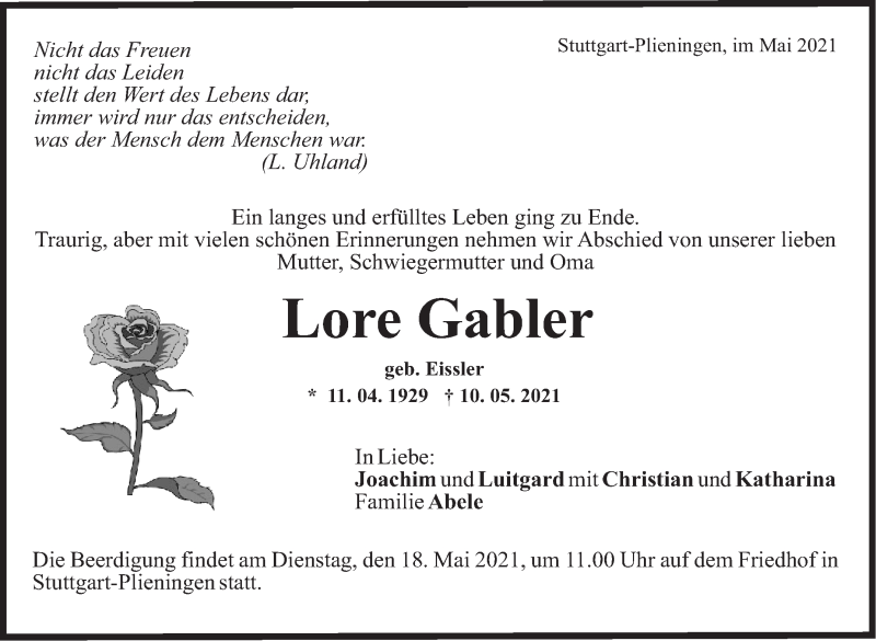  Traueranzeige für Lore Gabler vom 14.05.2021 aus Stuttgarter Zeitung / Stuttgarter Nachrichten