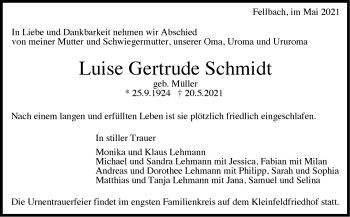 Traueranzeige von Luise Gertrude Schmidt von Stuttgarter Zeitung / Stuttgarter Nachrichten