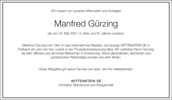 Traueranzeige von Manfred Gürzing von Stuttgarter Zeitung / Stuttgarter Nachrichten