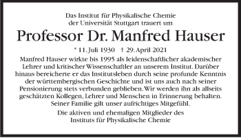 Traueranzeige von Manfred Hauser von Stuttgarter Zeitung / Stuttgarter Nachrichten