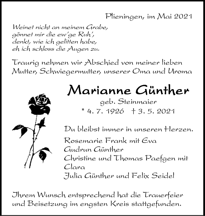  Traueranzeige für Marianne Günther vom 21.05.2021 aus Stuttgarter Zeitung / Stuttgarter Nachrichten